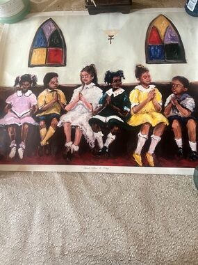 Vintage-style Children Praying Wall Art - Colorful Church Scene